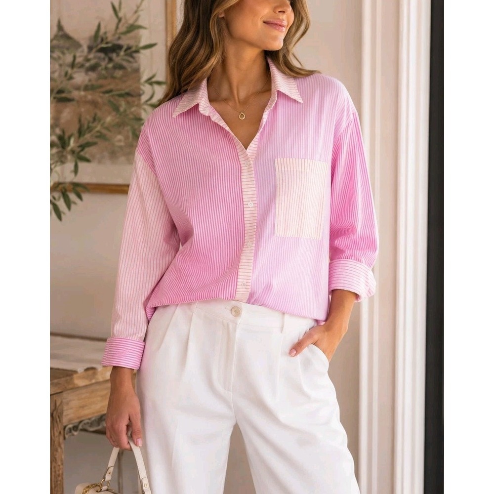 GeeGee Pink Stripe Cotton Button Up Shirt Office Business Casual Women Small S
